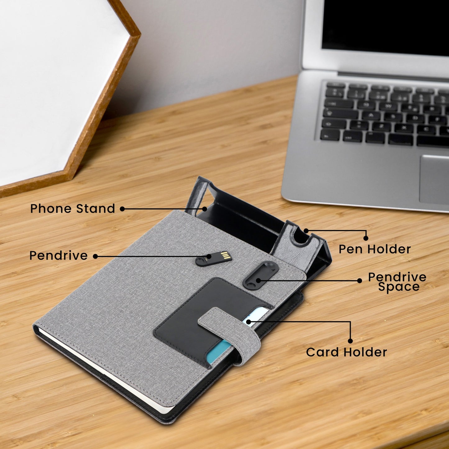 Grey Fabriqa Pen Drive Notebook with inbuild mobile stand 4 in 1 Gift Set - Karigar Chiriyaa