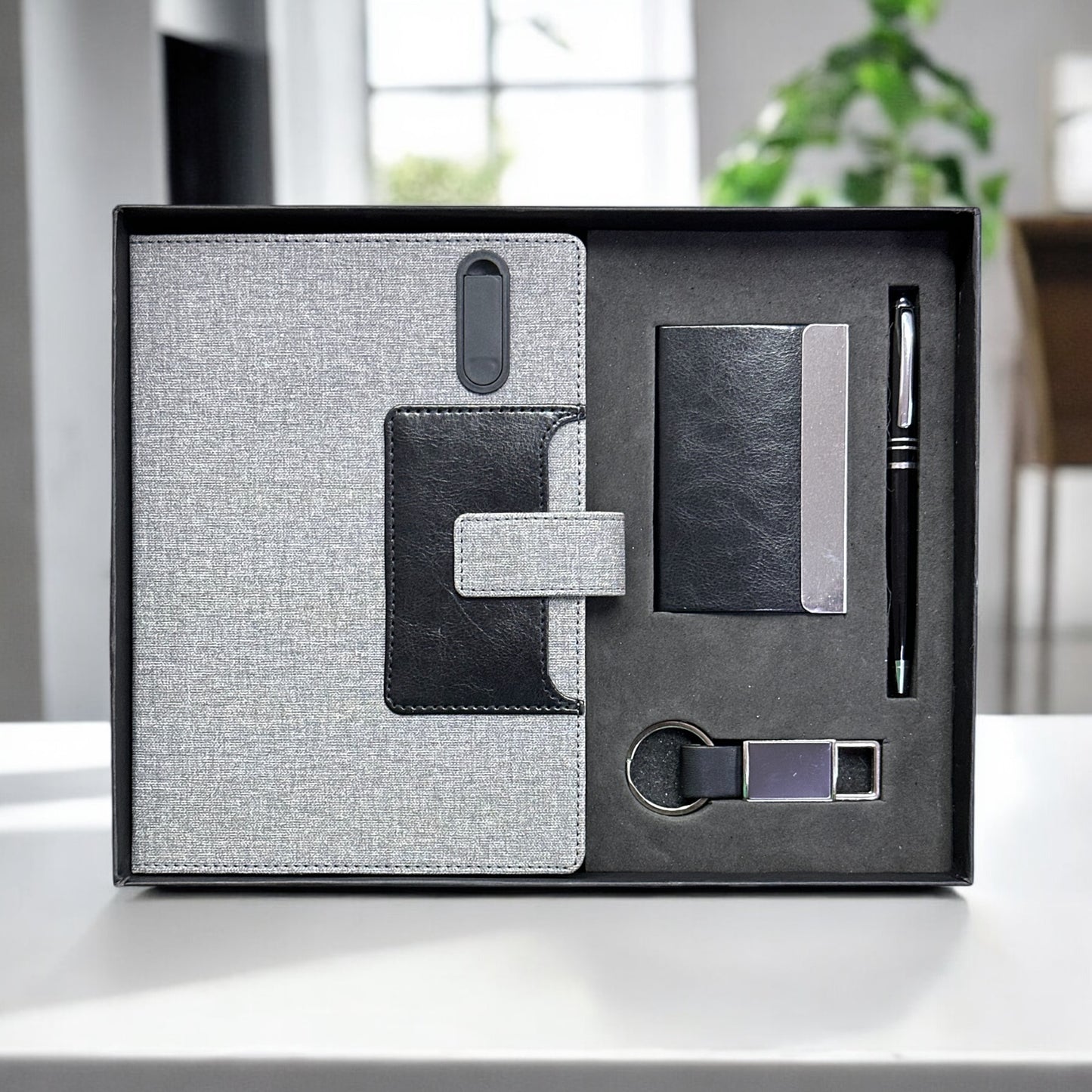 Grey Fabriqa Pen Drive Notebook with inbuild mobile stand 4 in 1 Gift Set - Karigar Chiriyaa