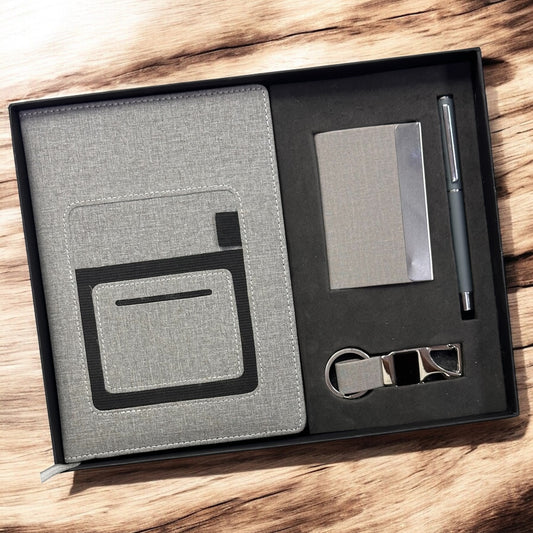 Grey Khadi Mobile Holder Notebook 4 in 1 Gift Set - Karigar Chiriyaa