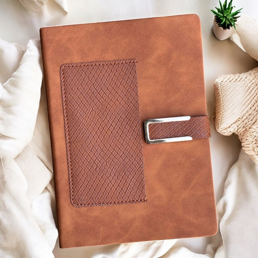 Cloudy Tan Texture Buckle Close With Front Pocket - A5 Notebook - Karigar Chiriyaa